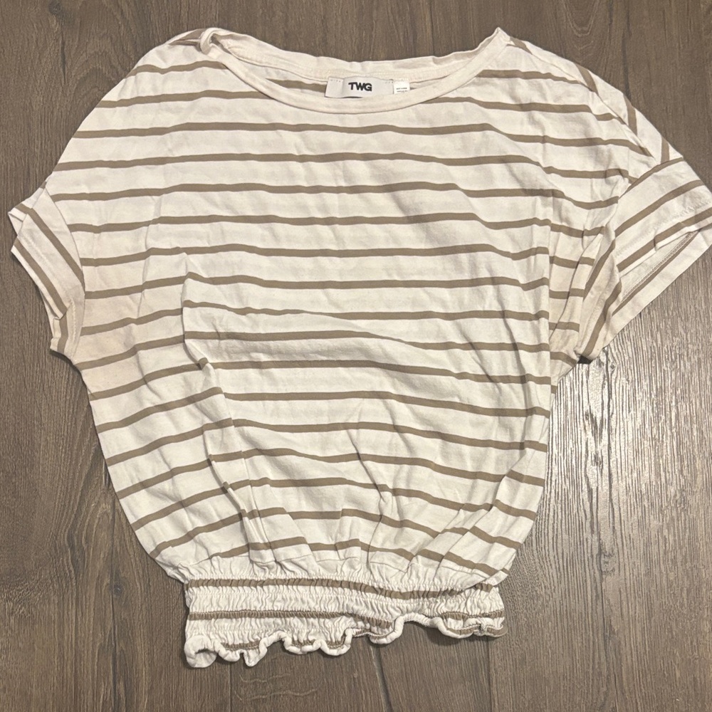 Women's Striped Short Sleeve Top - Cream and Brown